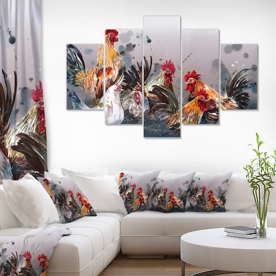 Designart - Group of Rooster in Gray Farm background